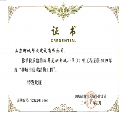 2019年度市优质结构--莲湖新城小区3#楼工程