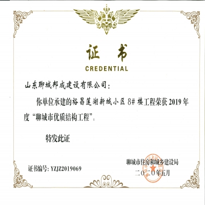 2019年度市优质结构--莲湖新城小区8#楼工程